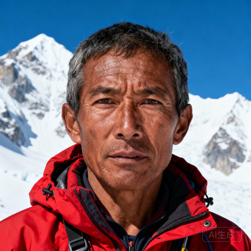 一位肤色黝黑、目光坚毅的中年男性半身近照，身穿红色冲锋衣，背景是白雪皑皑的山峰与湛蓝天空，他是资深登山教练