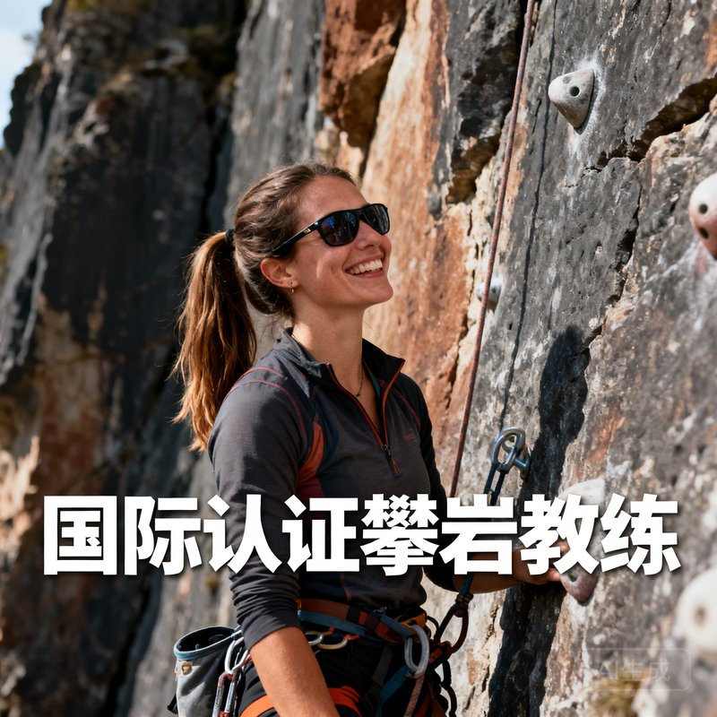 一位扎着马尾的女性半身照，戴着太阳镜，身穿专业攀岩服装，笑容灿烂，背后是陡峭的岩壁，她是国际认证攀岩教练