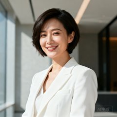 一位干练的短发女性半身照，穿着白色西装外套，神情自信，嘴角带着微笑，背景为现代简约风格